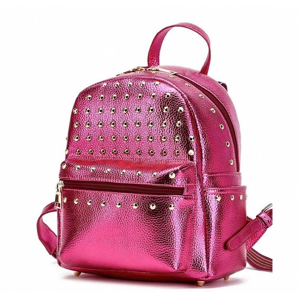 Fuchsia Solid Shinny Metallic Fabric Studs Backpack